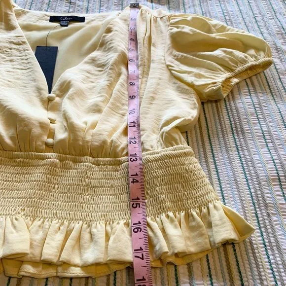 NWT Lulus Bring the Style Light Yellow Puff Sleeve Peplum Crop Top - Picture 8 of 11